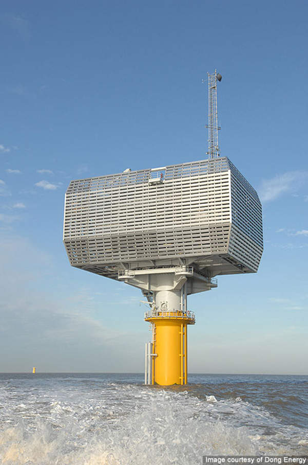 An offshore substation installed on the site collects all the power generated by the wind turbines. Image courtesy of Dong Energy.